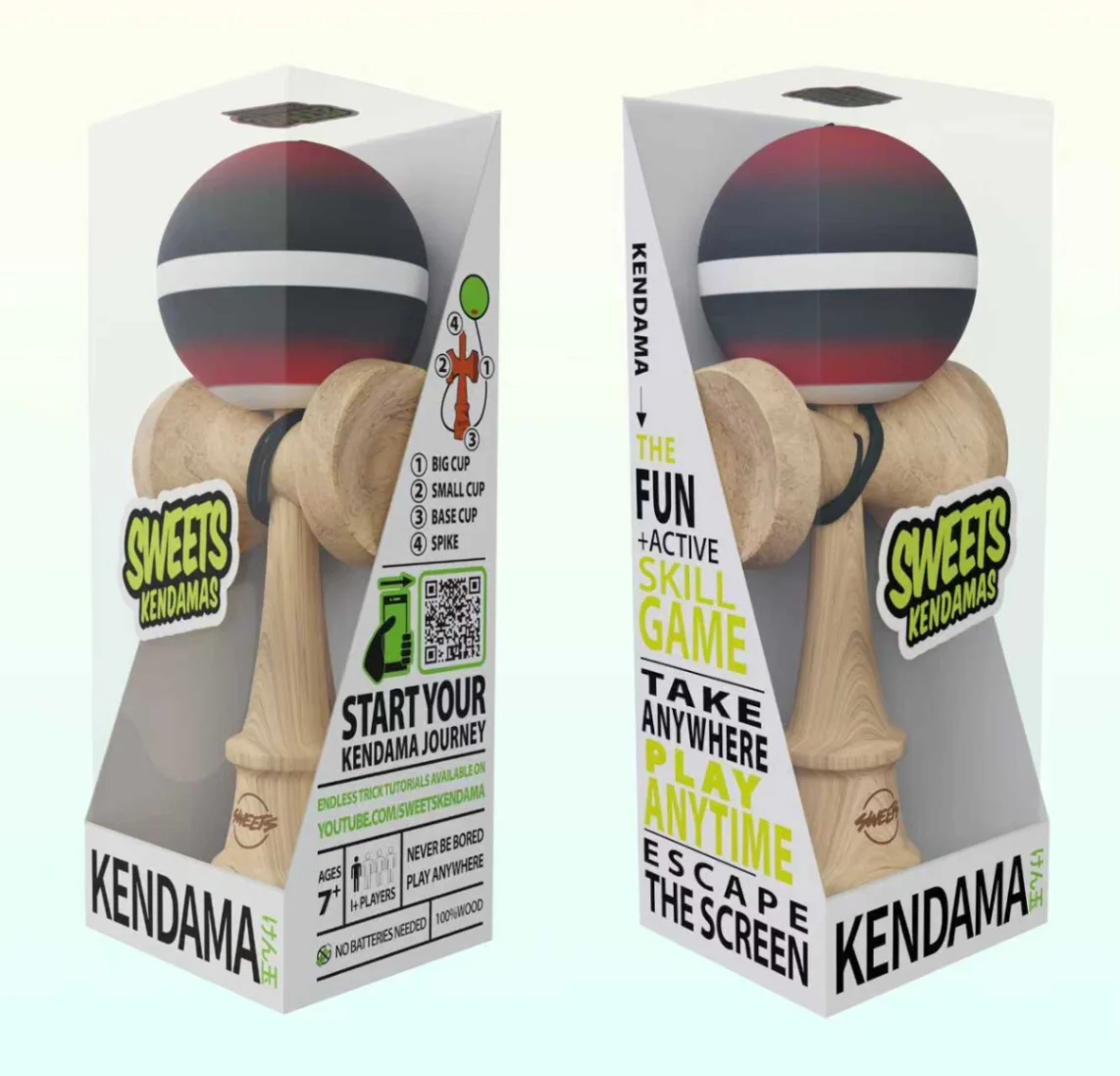 Kendama Profesionala Horizon  , Rosu-Negru Mat, 18.5 cm, Base Cup, Cupe Mari si o ata de rezerva  - Detalii Produs