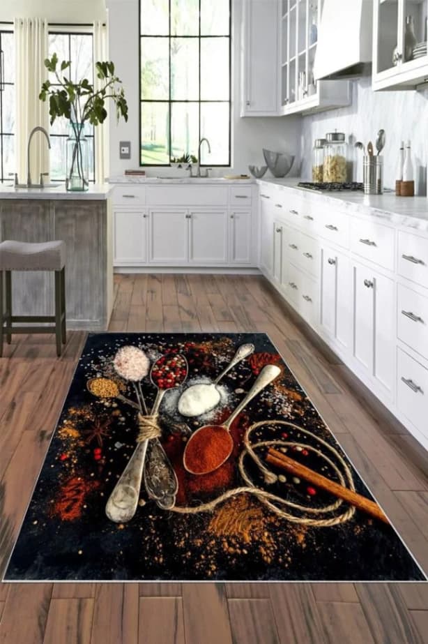 Fotografie produs: Covor Decorativ de Bucatarie Cu Model Cu Lingura de Condimente, 120 x 180 cm  - Maro Crem 