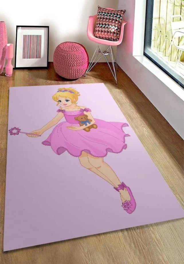 Fotografie produs: Covor camera copii, Antiderapant, Printesa, Multicolor, 80x150cm - Roz Mov 