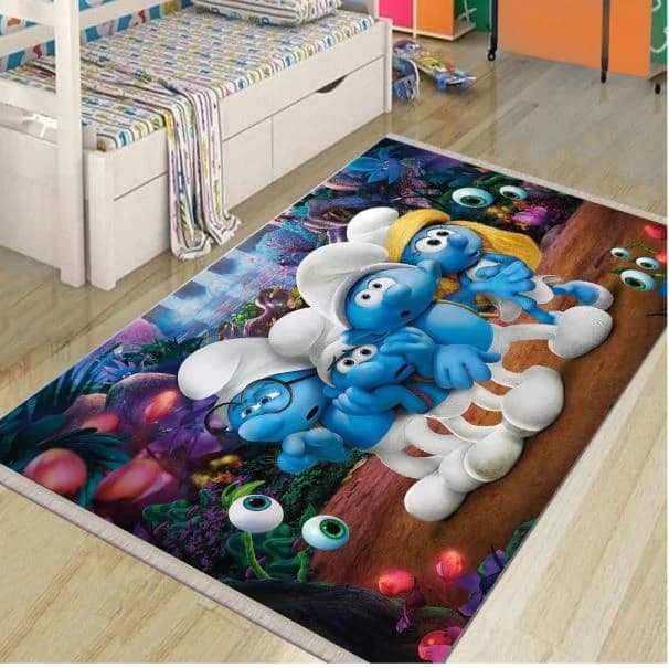 Fotografie produs: Covor Decorativ Antiderapant Copii, 120 x 180 cm, model Colorat Strumfi  - Albastru 