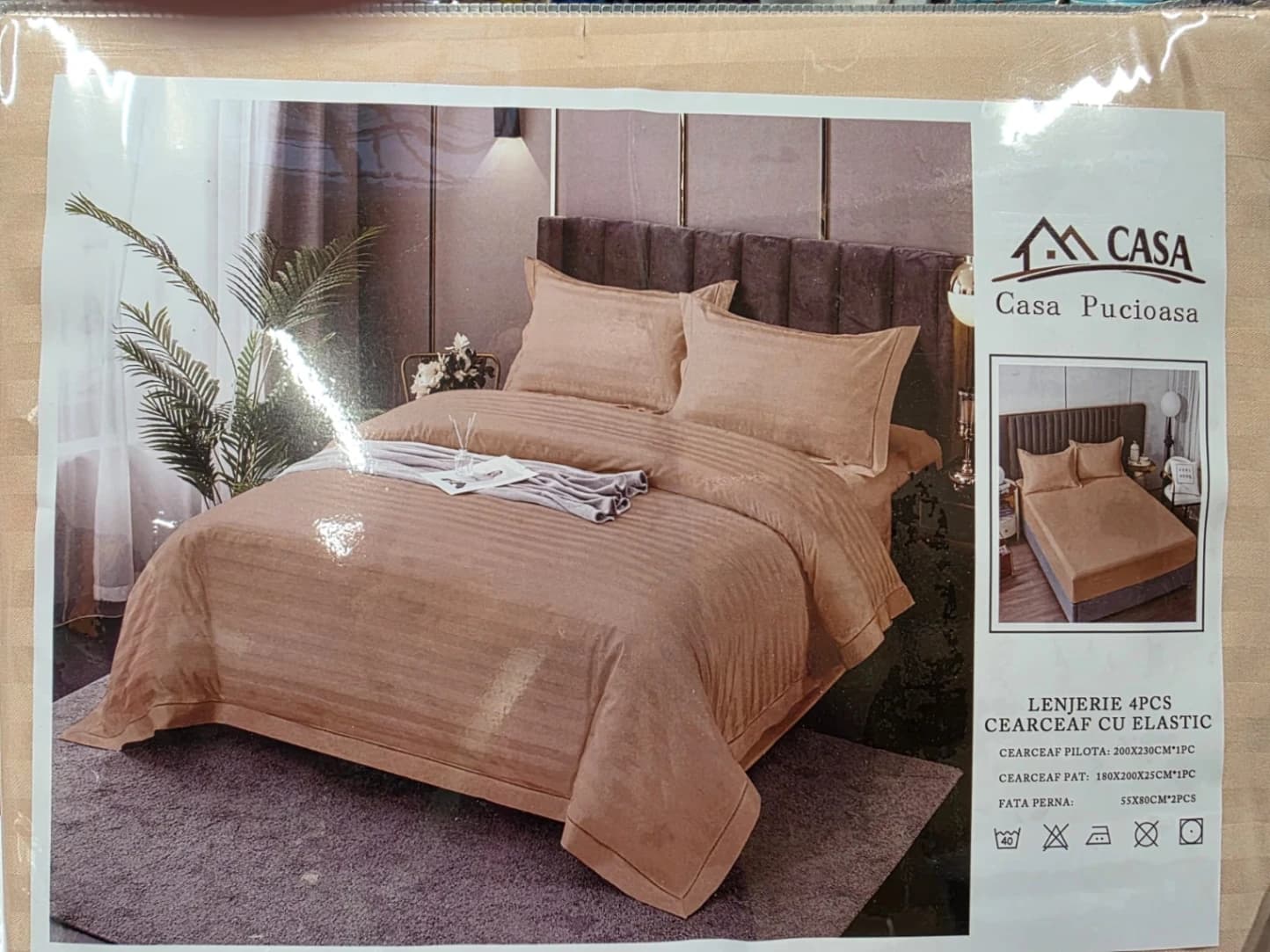 Lenjerie de pat 4 piese cu cearceaf cu elastic, fixare perfectă și confort sporit 180X200 CM auriu