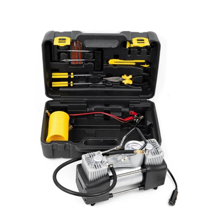 Fotografie produs: Trusa De Urgenta Pentru Pana, Compresor 12 V, 40 L/Min, 7 Accesorii, Geanta De Plastic Pentru Transport, Furtun 5m, Cablu Alimentare 2,5 m, Negru