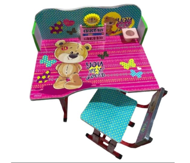 Birou reglabil pentru copii cu scaunel si elemente interactive - ROZ, cu ursulet- Concept E Efrall