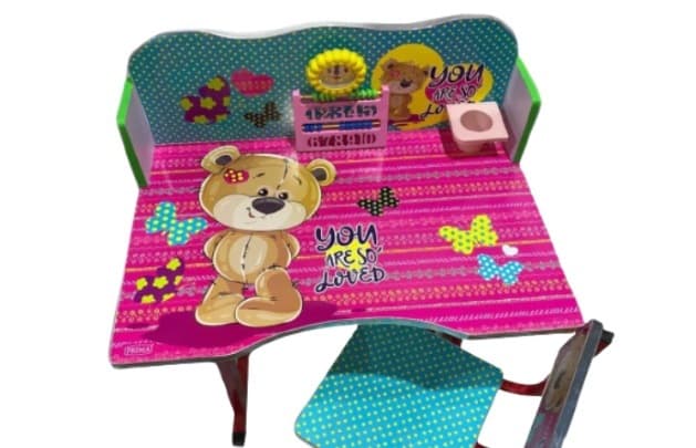 Birou reglabil pentru copii cu scaunel si elemente interactive - ROZ, cu ursulet- Concept E Efrall - Detalii Produs