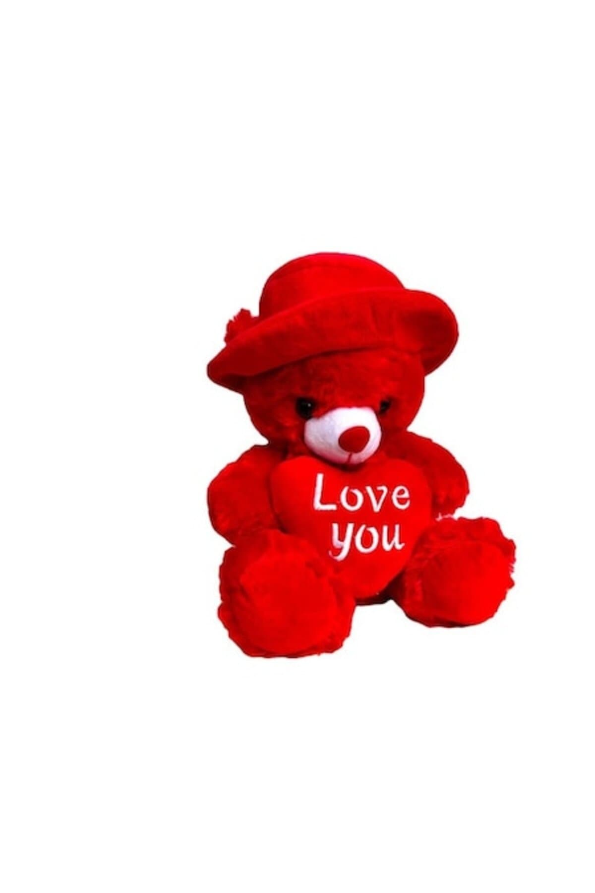 Fotografie produs: Ursuleț 25 cm de pluș roșu cu inimă și căciulă - Roșu