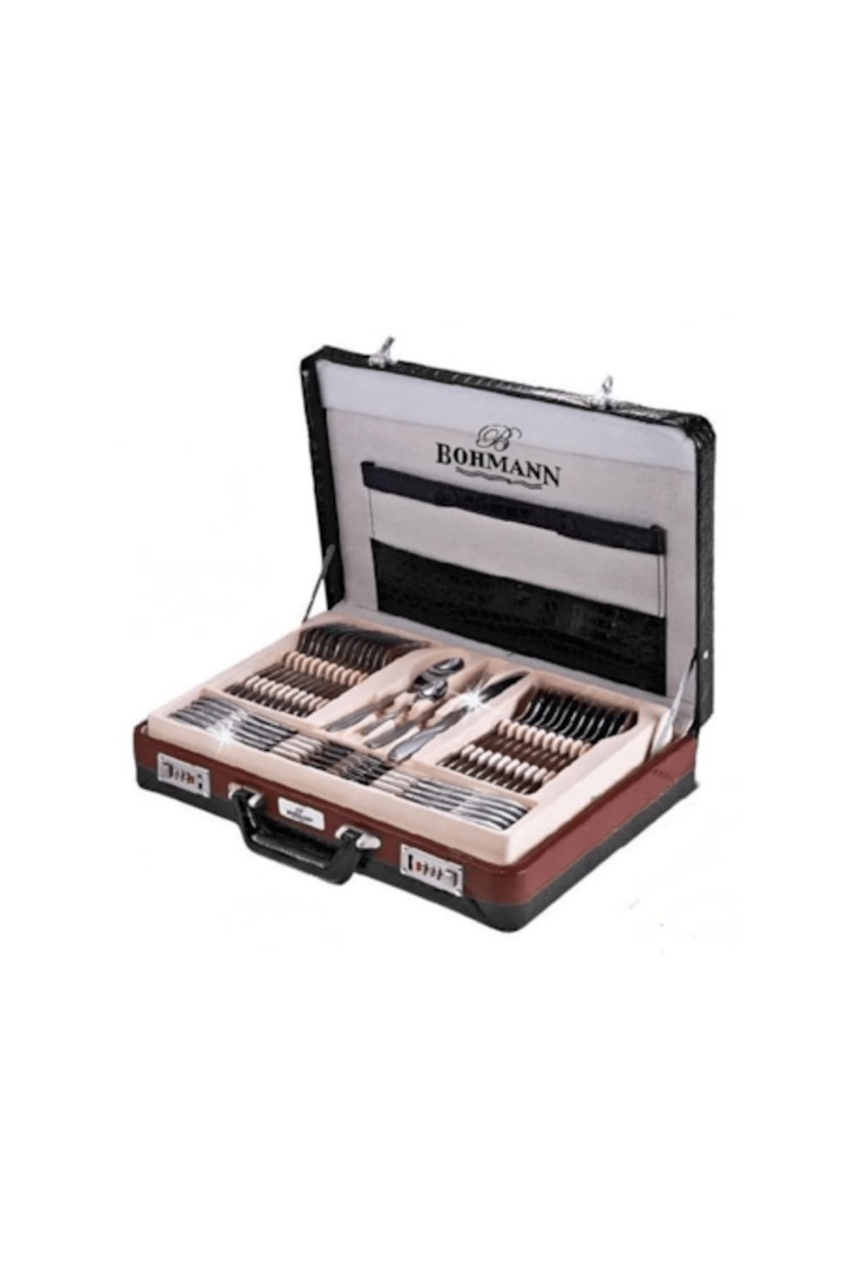 Fotografie produs: Set tacamuri 72 piese Bohmann, cu diplomat crem, model satinat - Crem