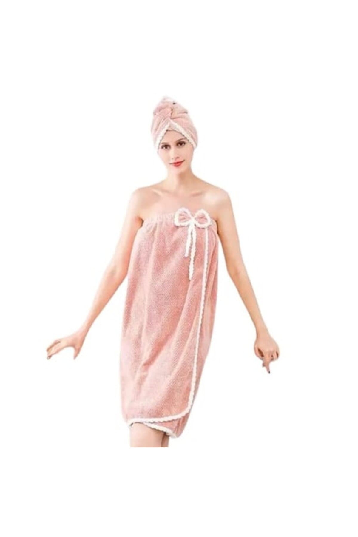 Set 3 piese pentru prosop de baie - stil tuban, prosop de corp și bandă roz pentru cap - Concept E EFRALL