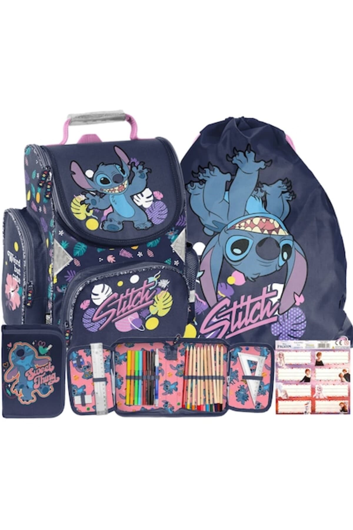 Fotografie produs: Set Ghiozdan Școală, Penar, Geantă pentru Pantofi, Autocolante Lilo & Stitch - Negru