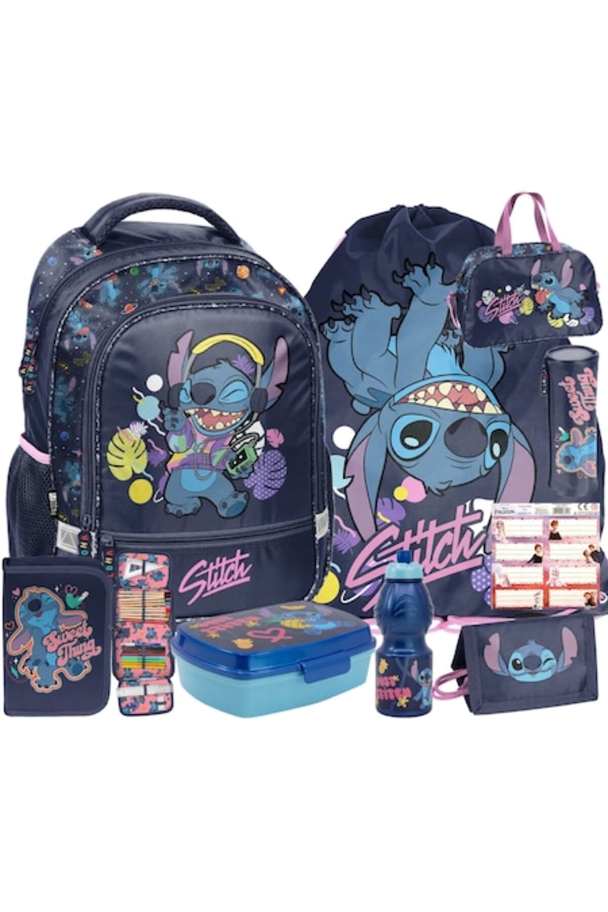 Fotografie produs: Set rucsac scoala, penar, sac pentru pantofi, stickere, cutie pentru pranz, sticla de apa, geanta sp - Multicolor