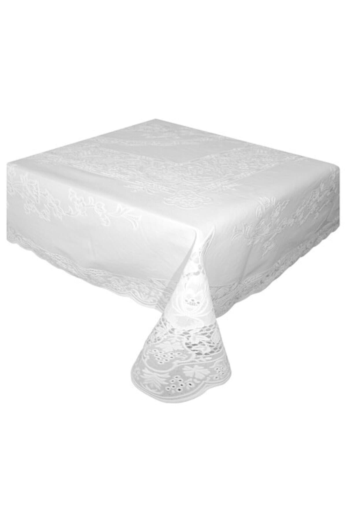 Fata de masa ND, 150x120 cm, PVC moale, semitransparent, dantelat, Alb, model PA2