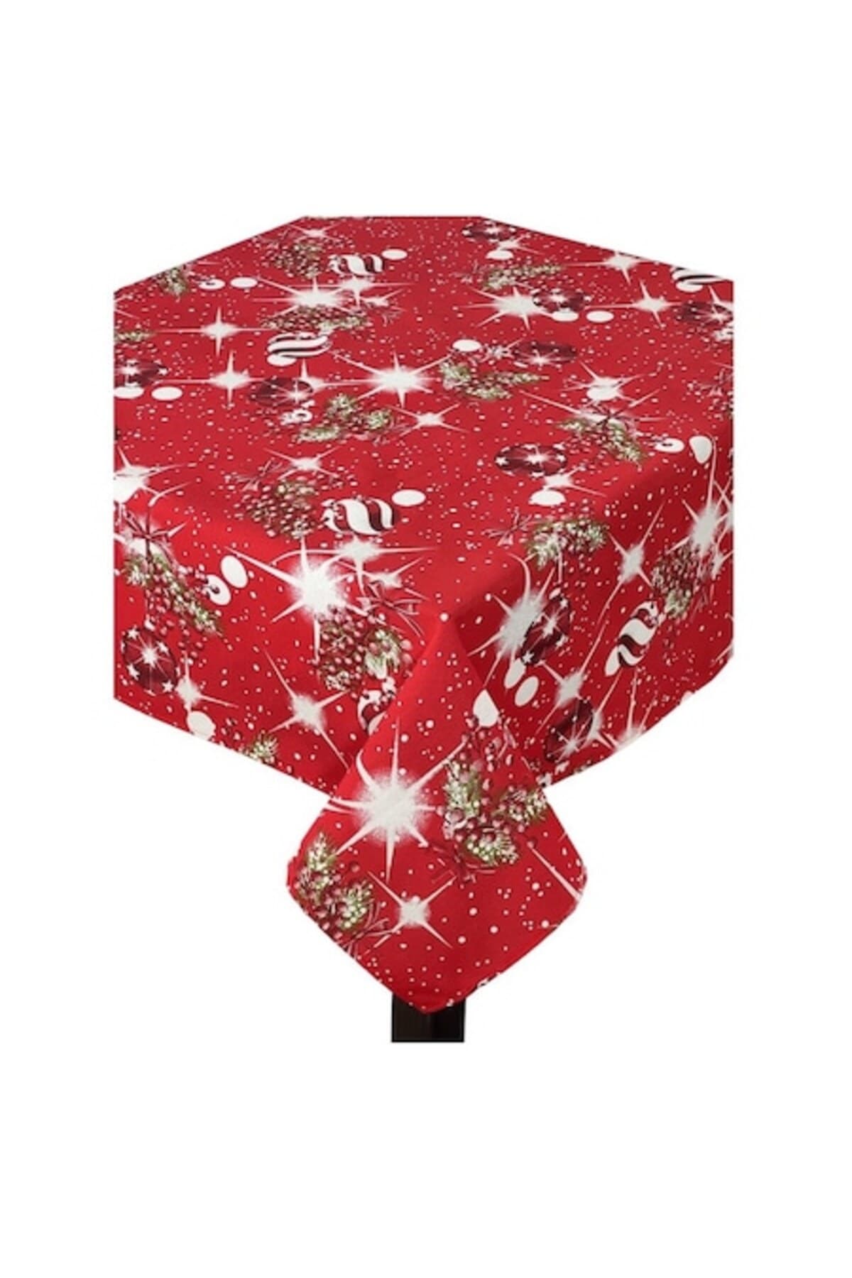 Fata de masa de Craciun, rosie cu ornamente albe, 65 x 65 cm