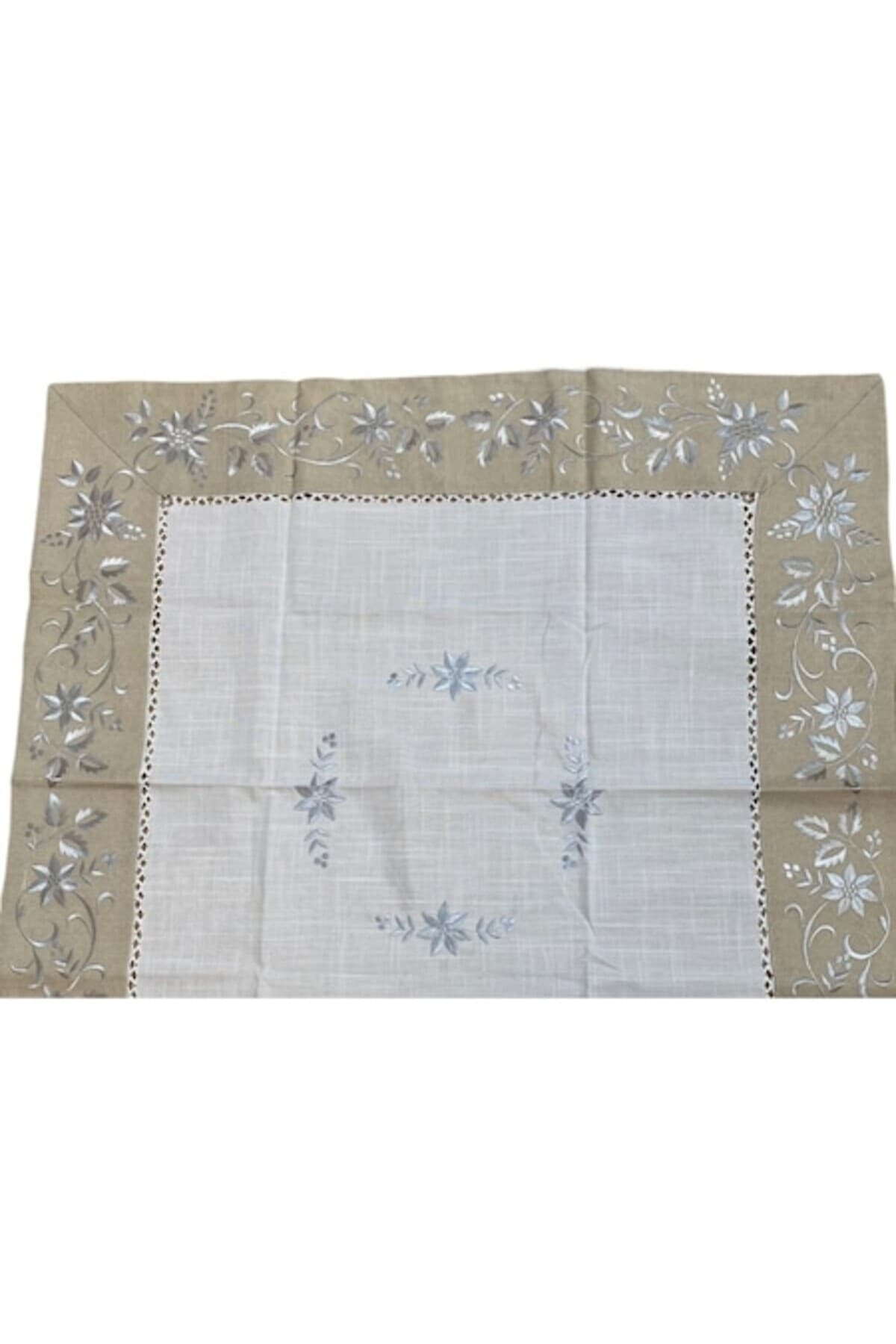 Fata de masa cu flori brodate, in, 90 x 90 alb cu bej
