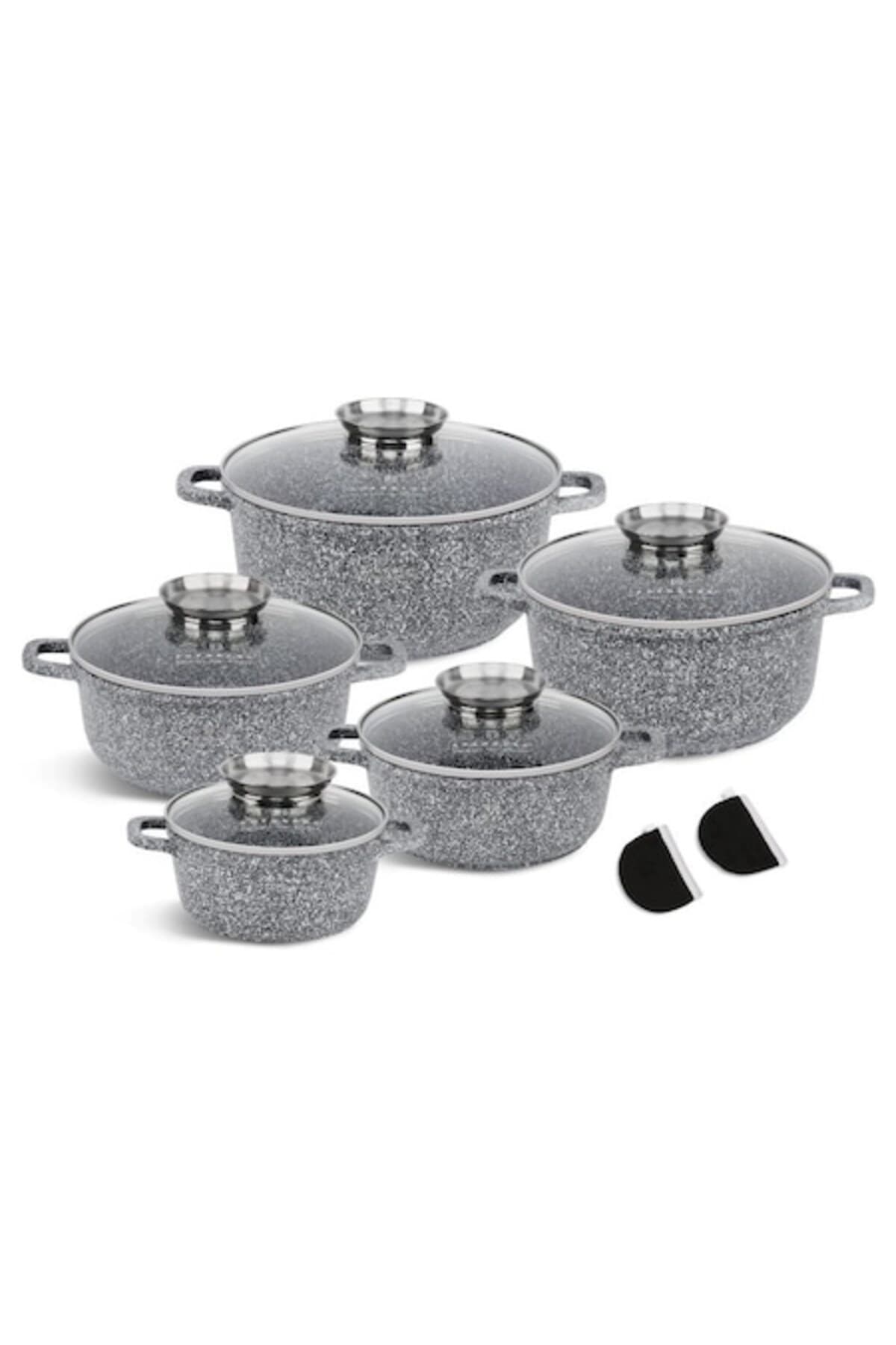 Fotografie produs: Set de 10 oale antiaderente cu capace de sticlă, aluminiu turnat sub presiune EB-8147 - Culoare argintie