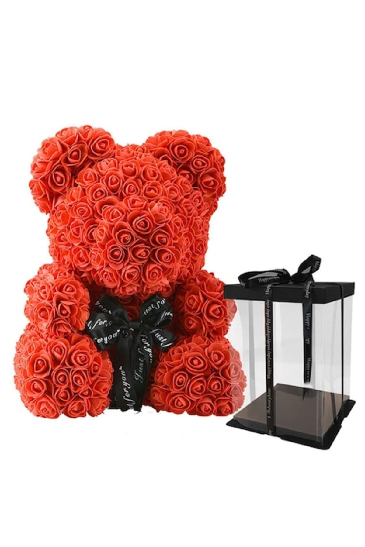 Fotografie produs: Ursuleț 25 cm de pluș din trandafiri roșii din spumă + cutie - Roșu