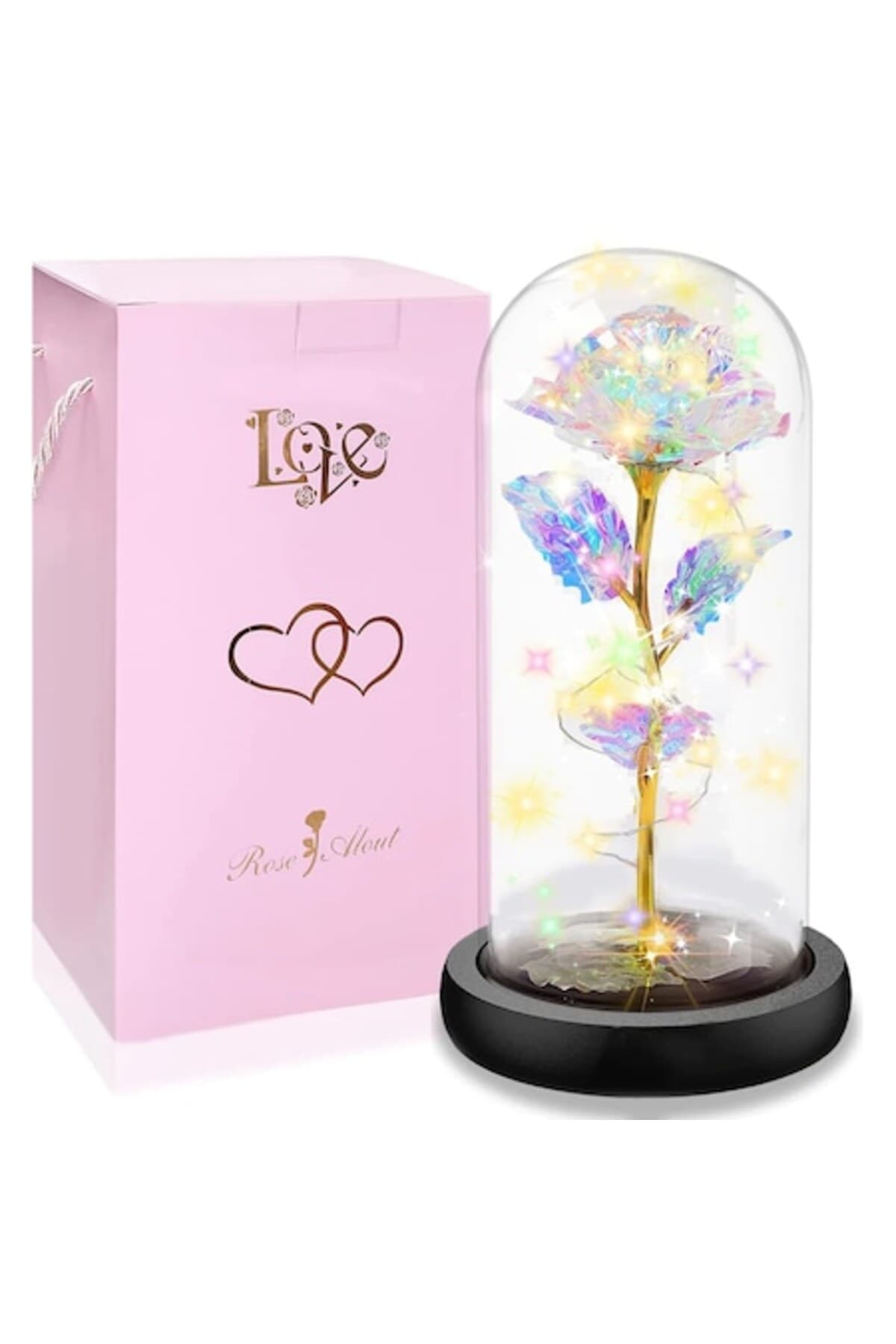 Fotografie produs: Trandafir criogenat, cupolă de sticlă, lumini LED, cutie elegantă, lucrat manual, 22 x 11 cm - Multicolor
