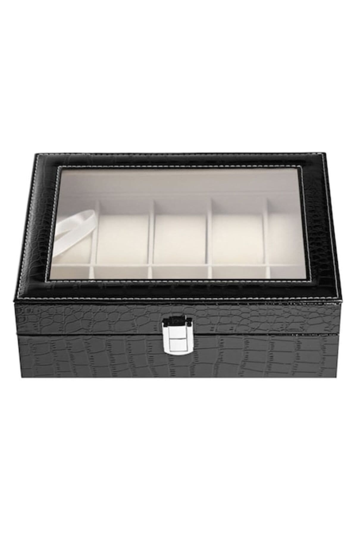 Fotografie produs: Cutie elegantă pentru 10 ceasuri, imprimeu crocodil, neagră - Negru