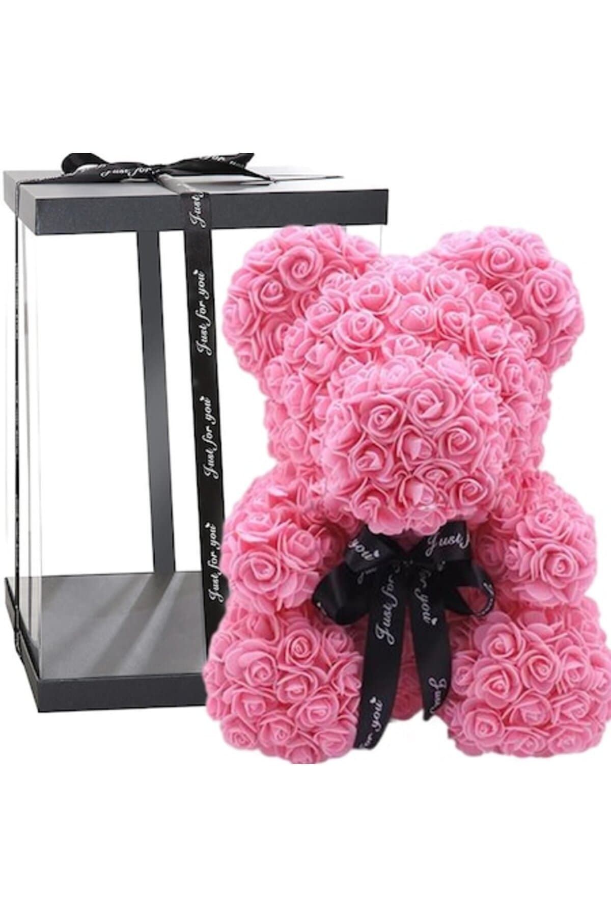 Fotografie produs: Ursuleț 20 cm, de pluș din spumă cu trandafiri, roz și fundă, 20 cm, lucrat manual - Roz