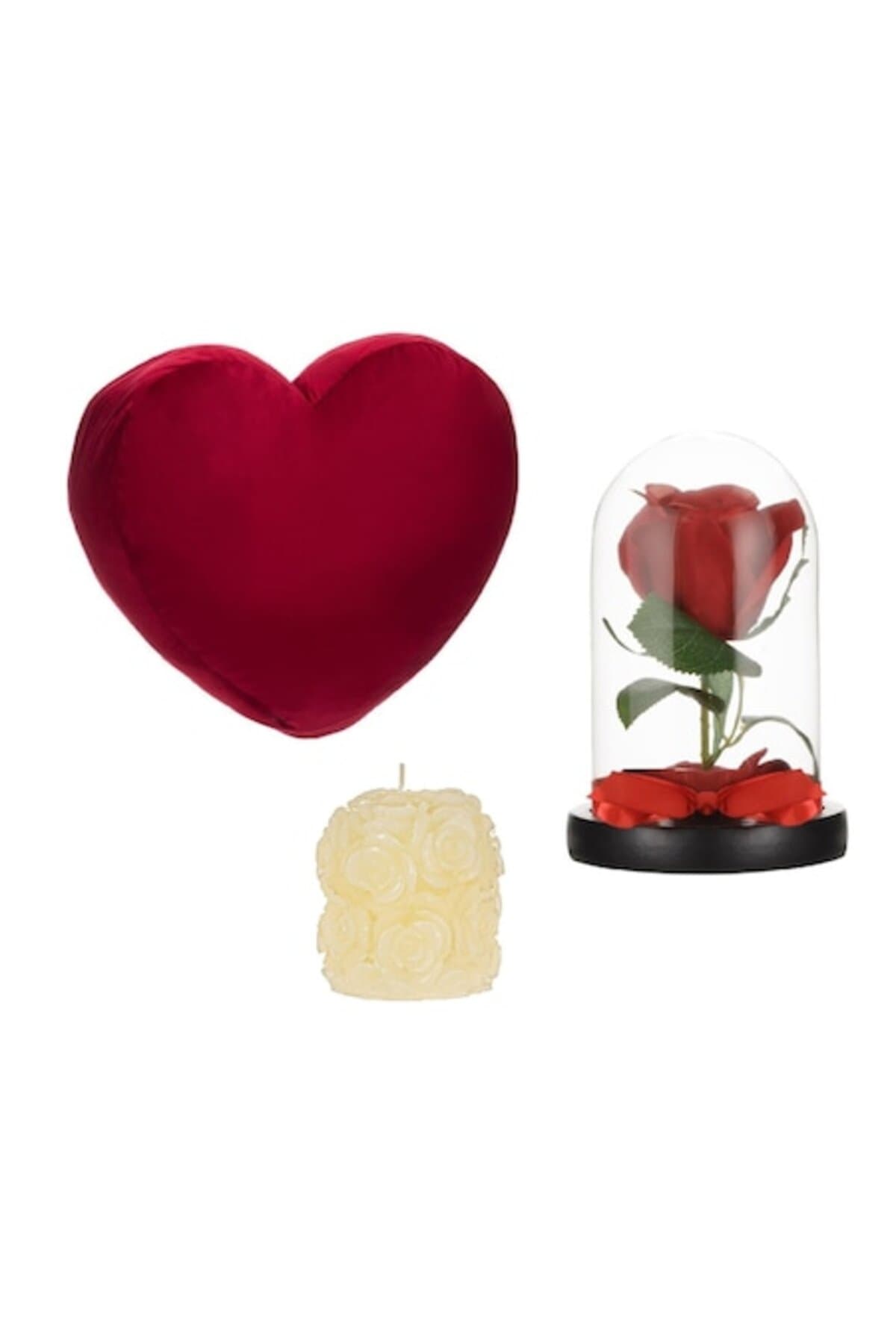 Fotografie produs: Cadou de Ziua Îndrăgostiților, Trandafir decorativ în cupolă, Lumânare parfumată și Pernă în formă de inimă - Roșu