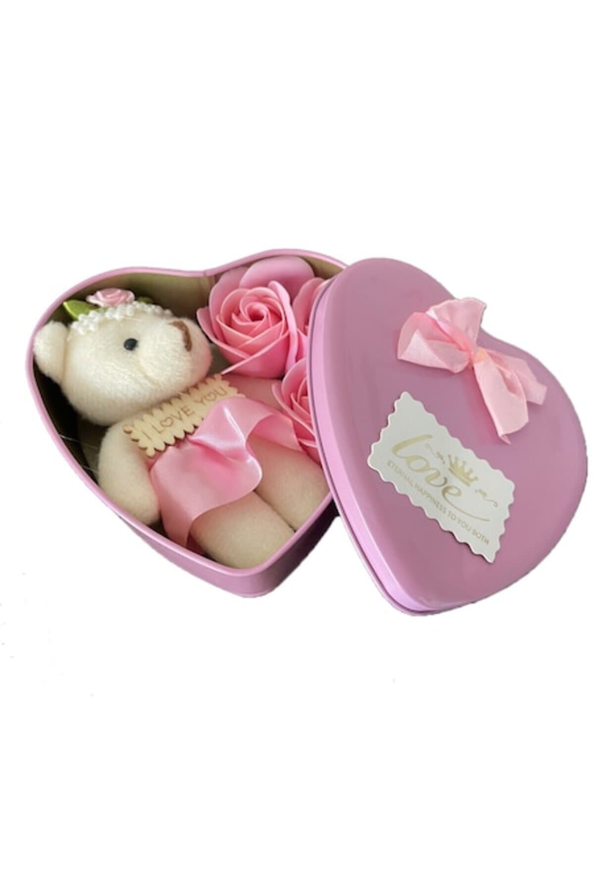Fotografie produs: Aranjament floral cu ursuleț de pluș și 3 trandafiri de săpun - Roz