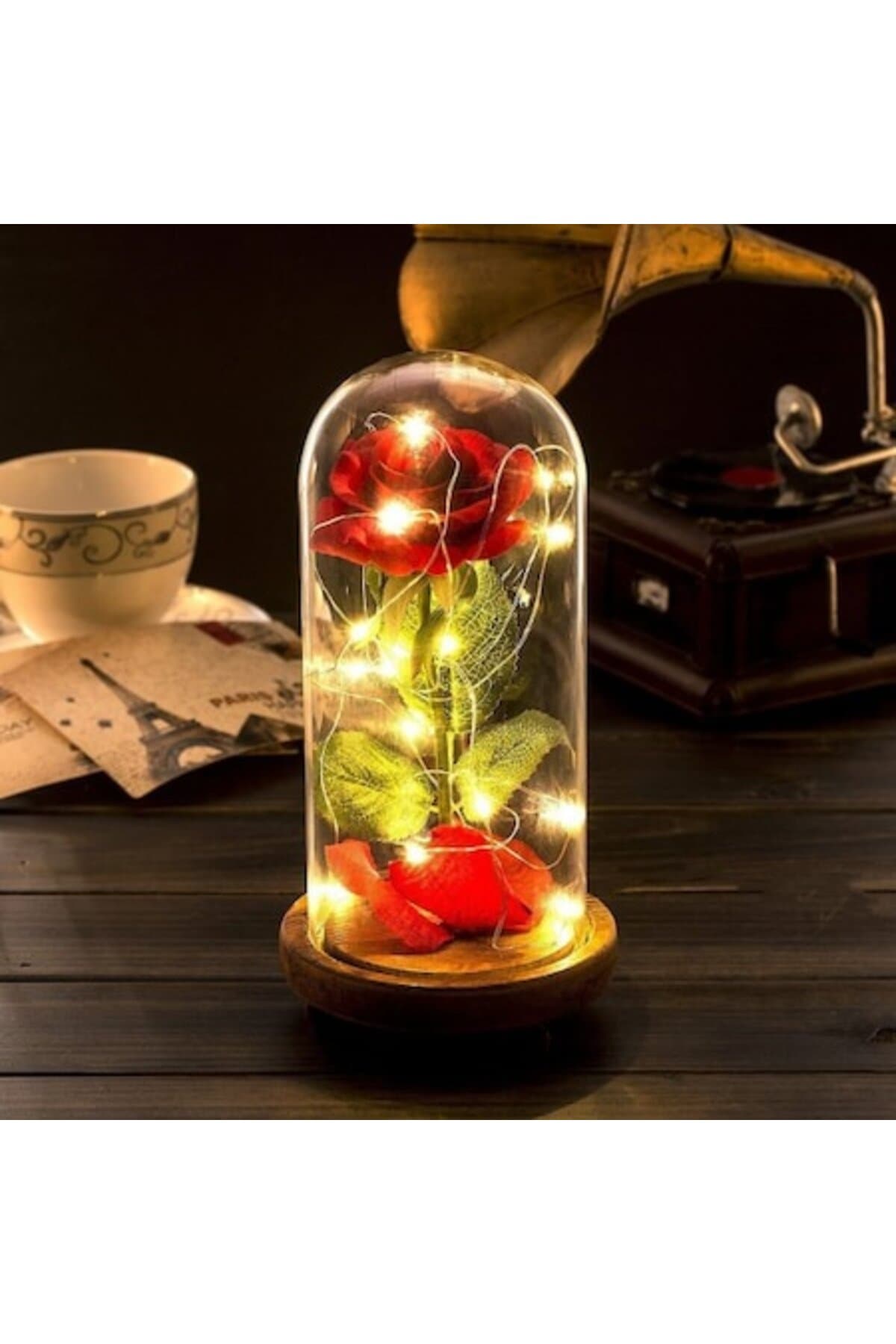 Fotografie produs: Trandafir criogenic roșu, Rose Amor, cupolă de sticlă 25 cm, iluminare LED - Roșu