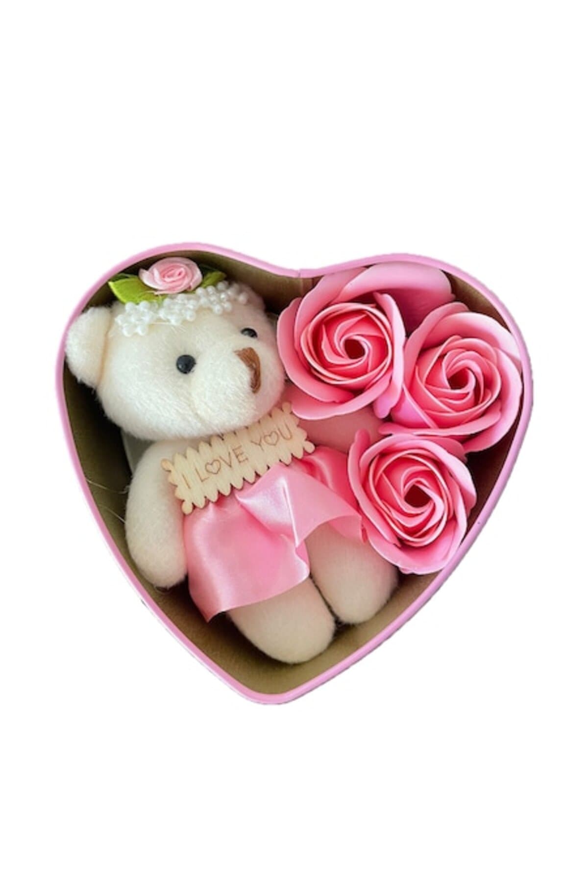 Fotografie produs: Aranjament floral, 3 trandafiri de săpun, roz, în cutie în formă de inimă - MULTICOLOR