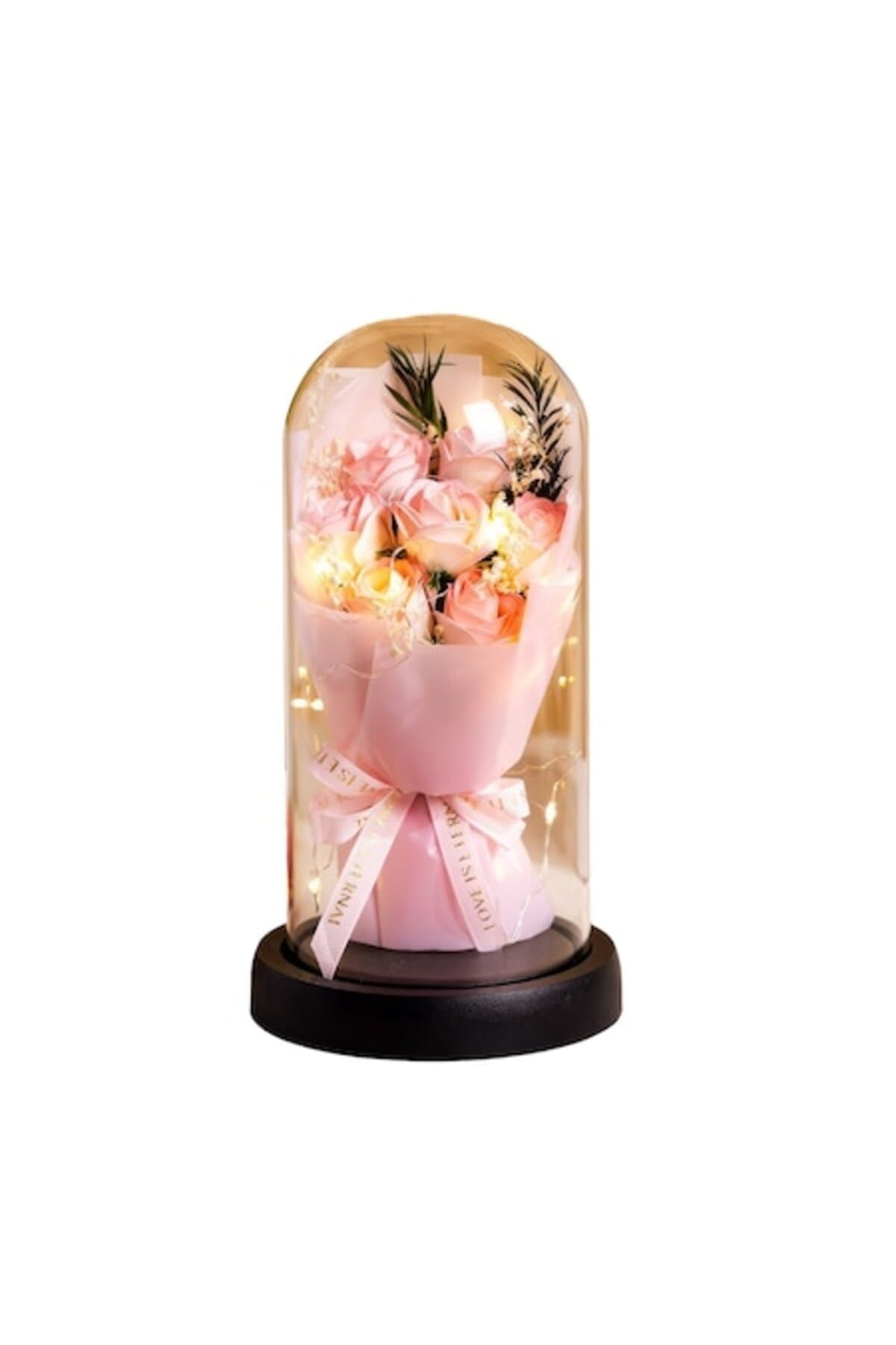 Fotografie produs: Aranjament de trandafiri de săpun în cupolă de sticlă cu LED, roz - Roz