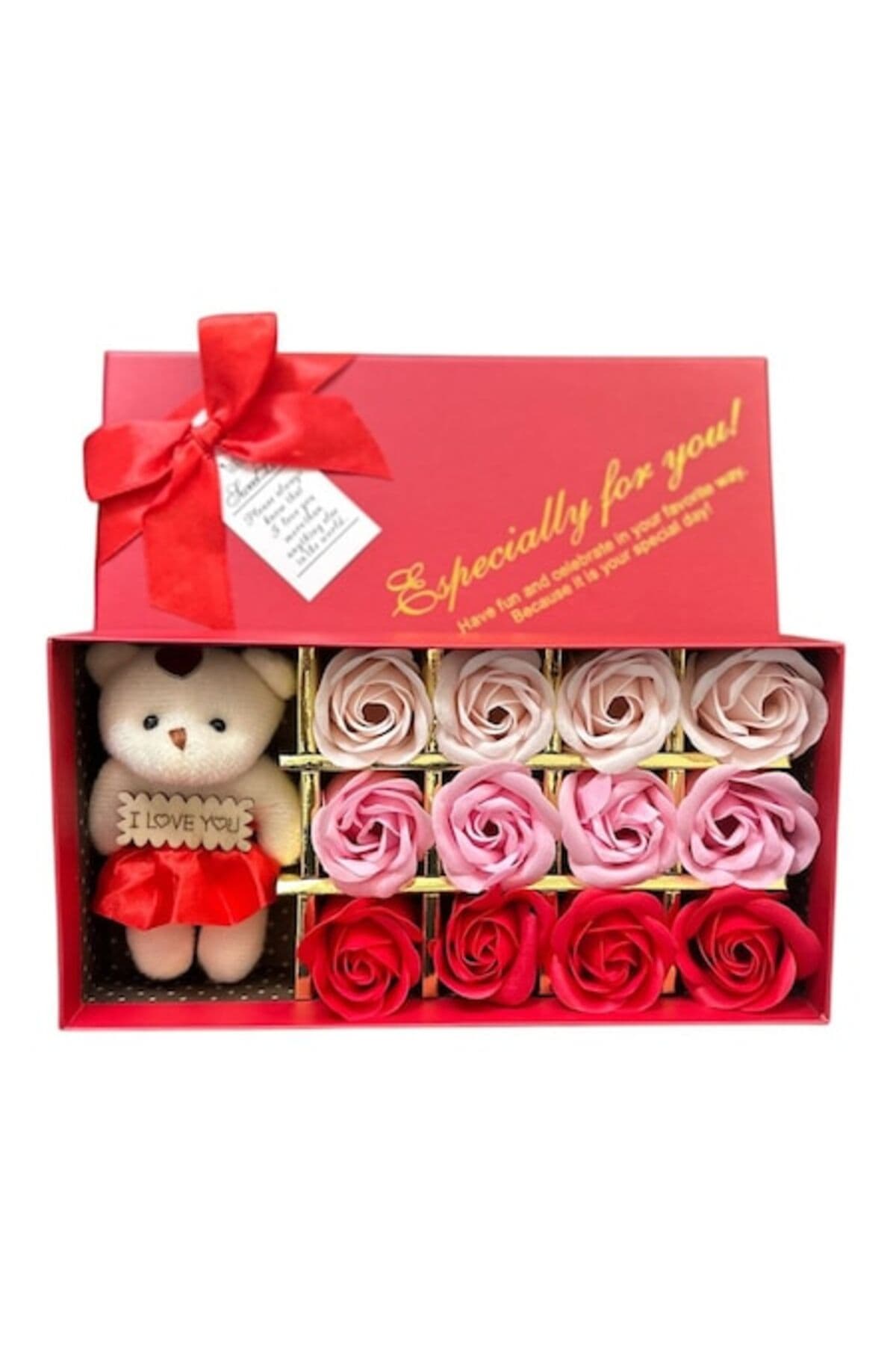 Fotografie produs: Set cadou cu trandafiri de săpun cu ursuleț de pluș, cutie roșie elegantă, multicolor - Rosu