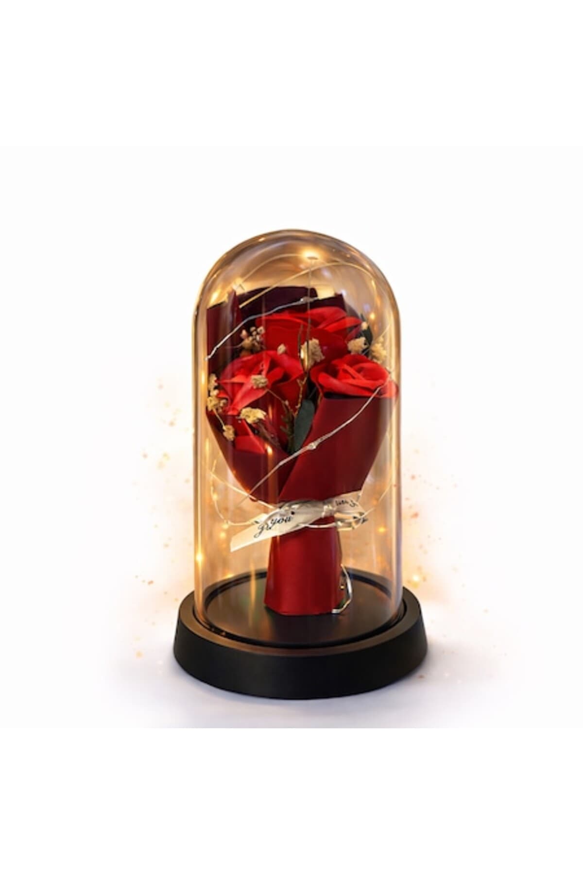 Trandafir decorativ de săpun în cupolă de plastic cu LED, 20 cm, roșu