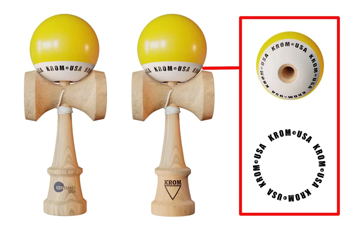 Fotografie produs: Kendama KROM USA Galbena,18, 5 cm, Base cup, Cupe mari si set ata cadou - galben
