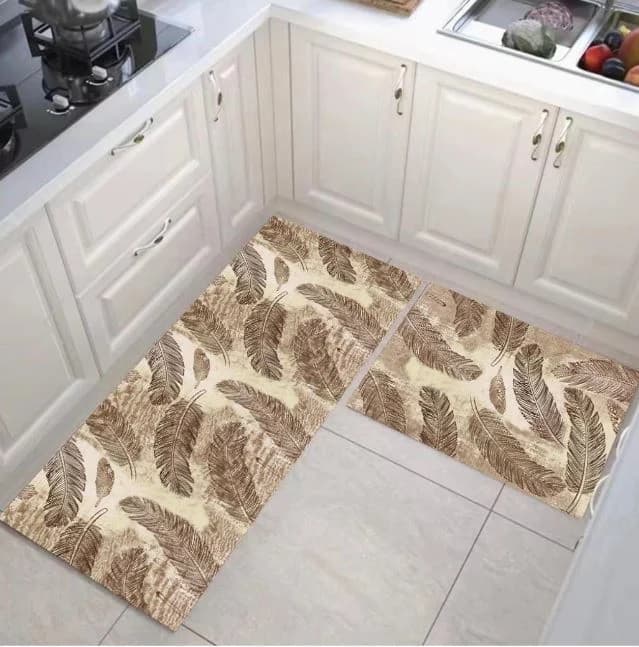 Set 2 Covoare Antiderapante pentru Bucatarie, Model Pene