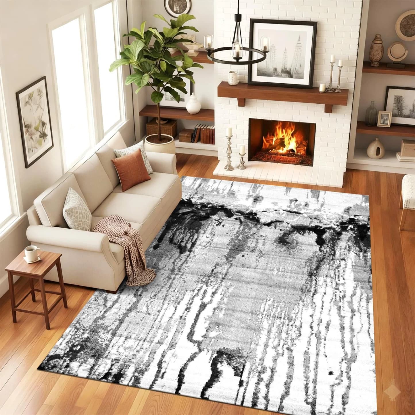 Covor modern alb-negru pentru living, cu design abstract