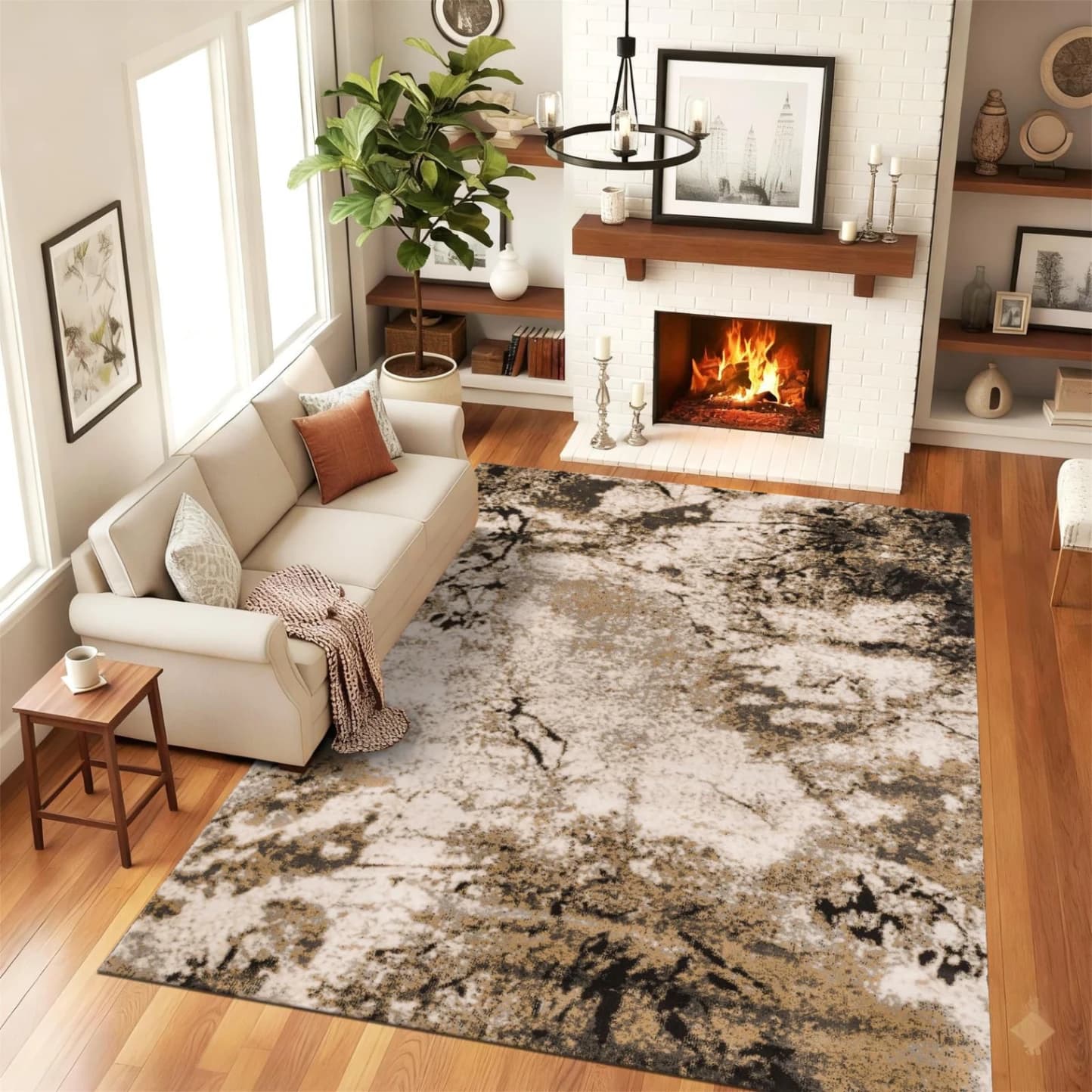 Covor modern crem-maro cu design abstract pentru living