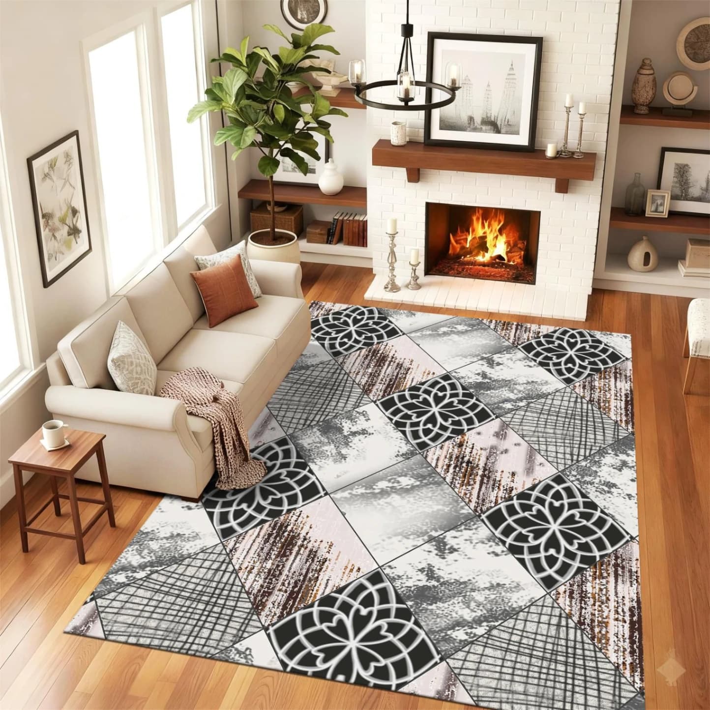 Covor modern cu design abstract cu model carou cu flori gri-bej