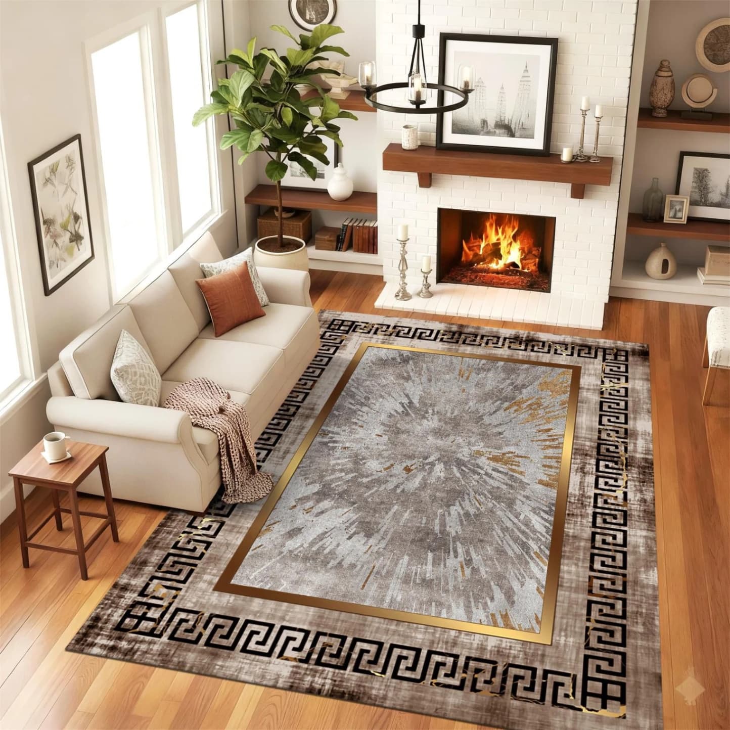 Covor modern cu model abstract pentru living cu chenar auriu -