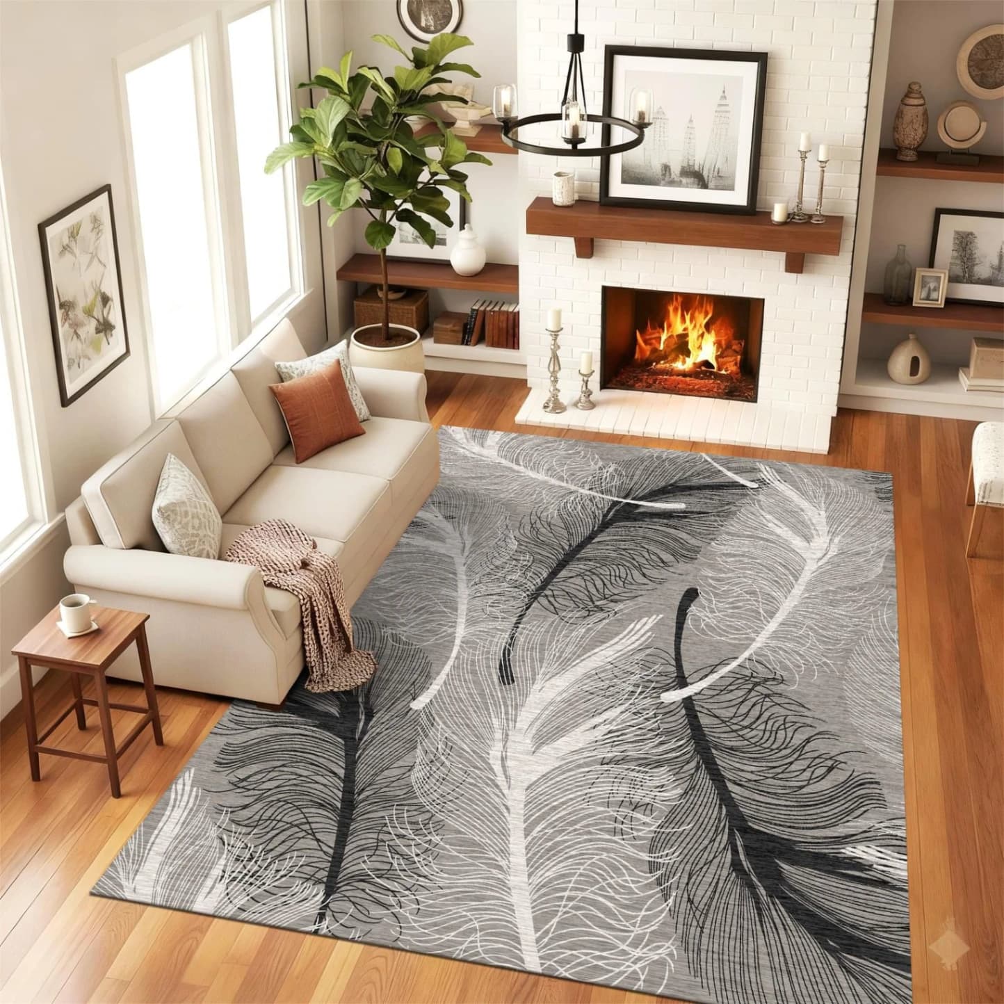 Fotografie produs: Covor modern cu model abstract cu pene pentru living GRI 200X300 CM - GRI