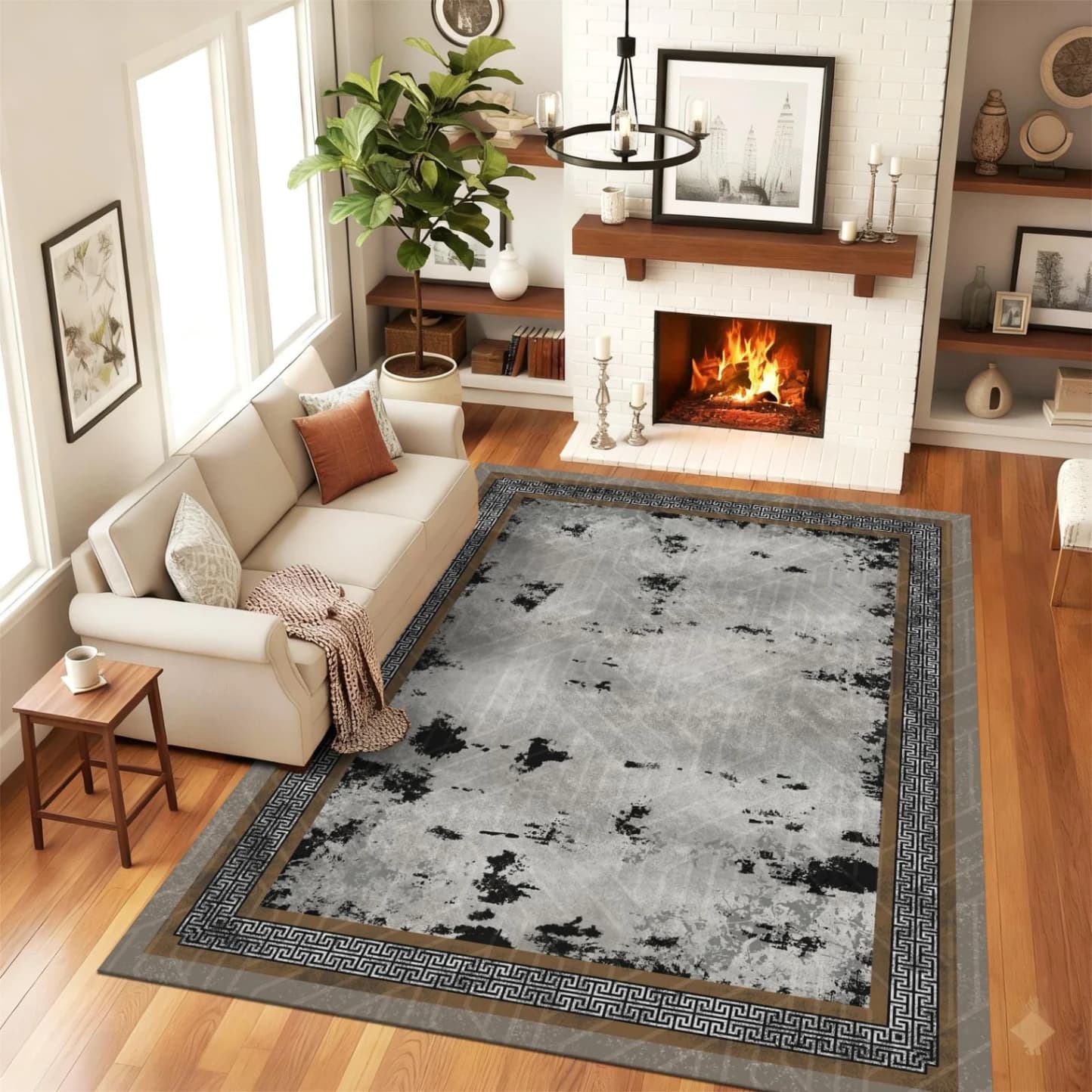 Covor modern cu model abstract Cu chenar auriu gros GRI 200X300 CM