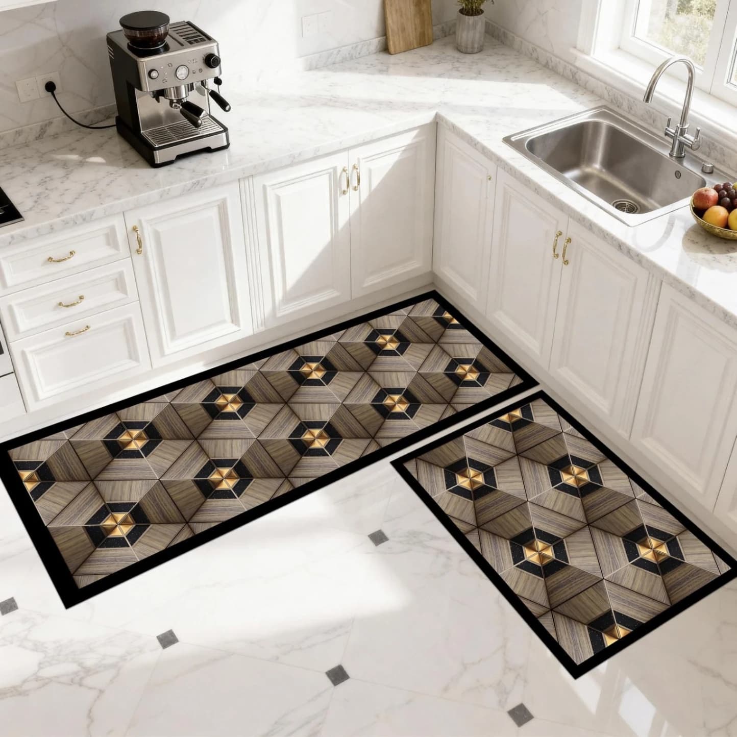 Set 2 covoare de Bucatarie, cu patrat auriu