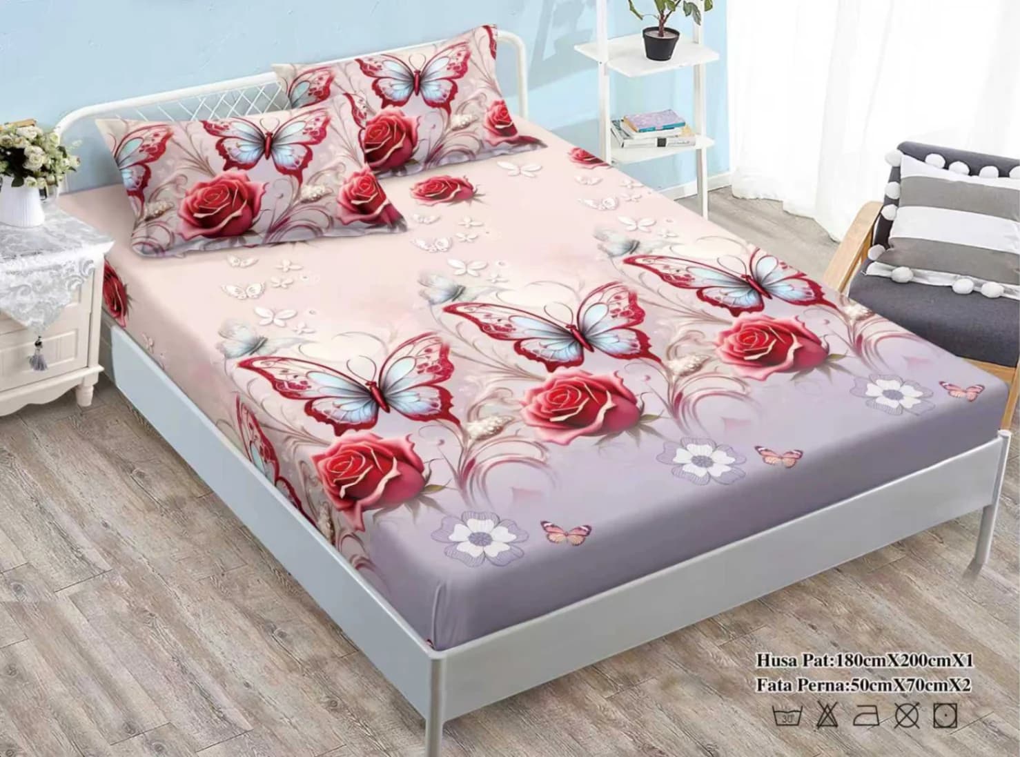 Set cearceaf cu elastic și 2 fețe de pernă cu imprimeuri moderne 180X200 CM, 50X75 CM Fluturi si trandafiri