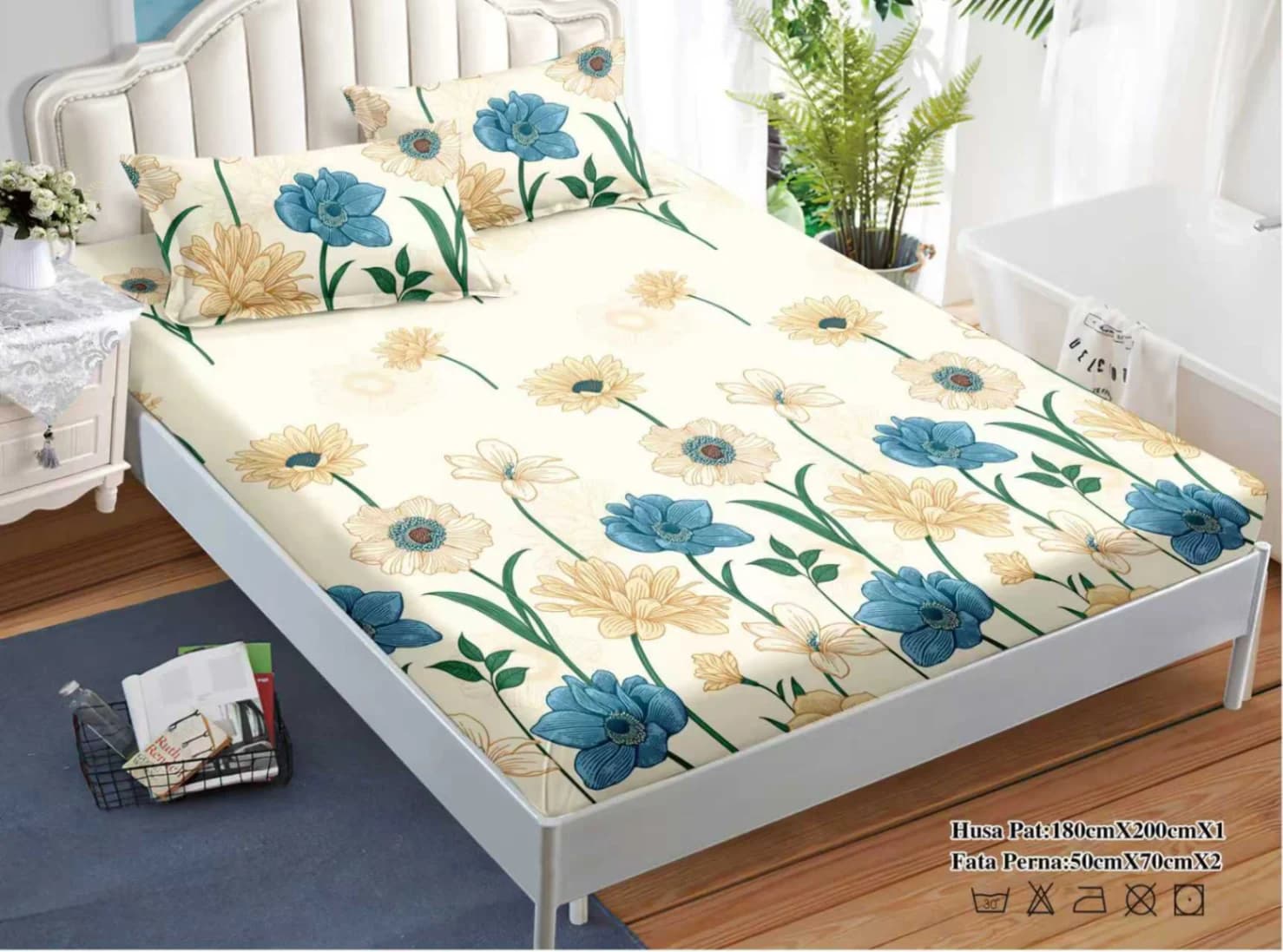 Set cearceaf cu elastic și 2 fețe de pernă cu imprimeuri moderne 180X200 CM, 50X75 CM Margarete