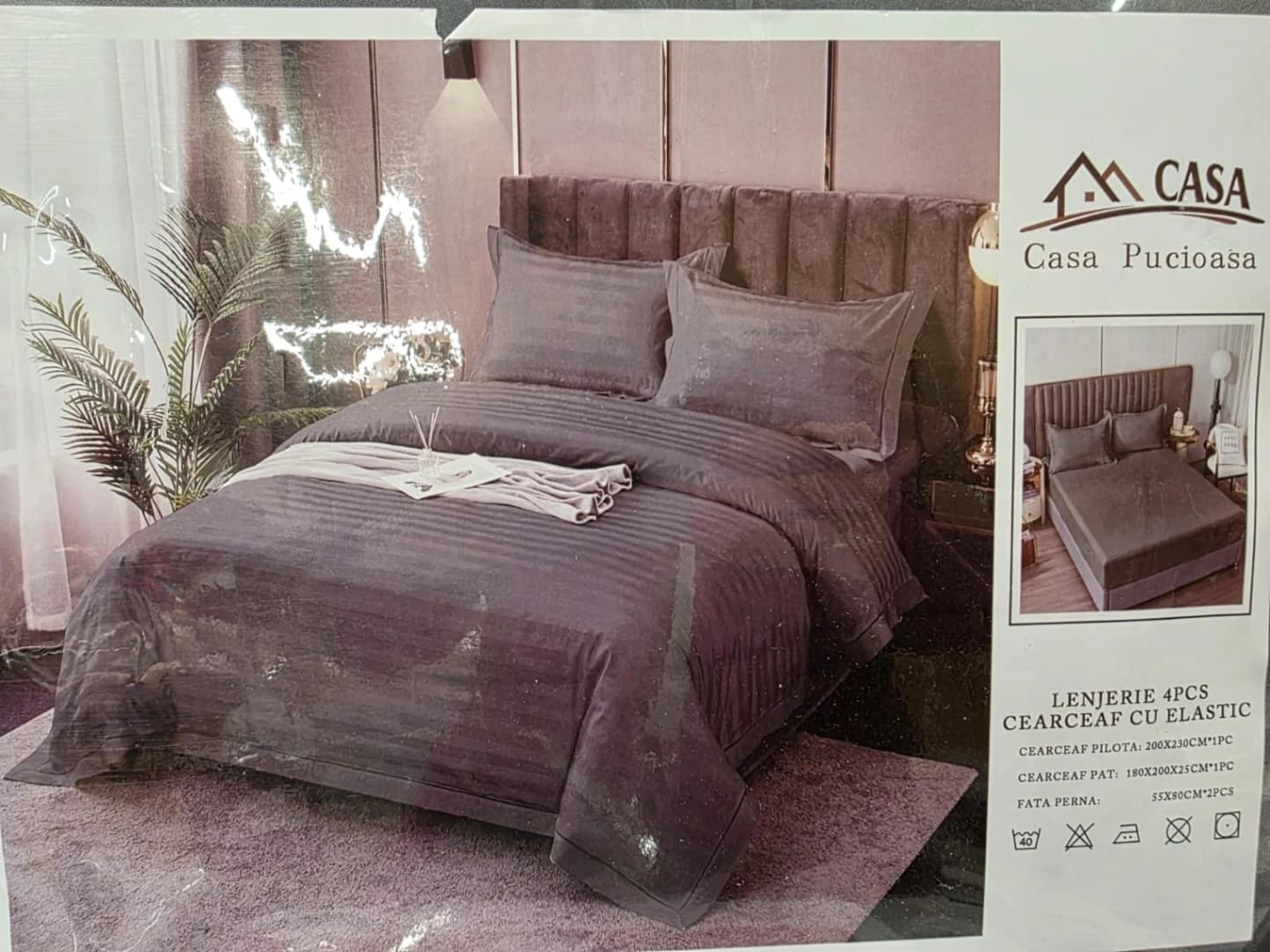 Lenjerie de pat 4 piese cu cearceaf cu elastic, fixare perfectă și confort sporit 180X200 CM gri-maro inchis