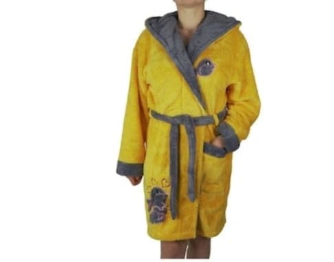 Halat de baie pentru femei, galben cu model gri, buzunar, Cocolino, gluga Galben L