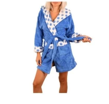 Halat de baie pufos pentru femei cu buline - Albastru M-L Albastru 2XL