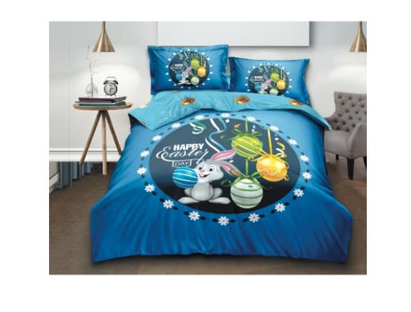 Fotografie produs: Lenjerie de pat,4 Piese bumbac finet, Tematica de Paste Happy Ester albastra 200 x 230 cm -Concept E Efrall