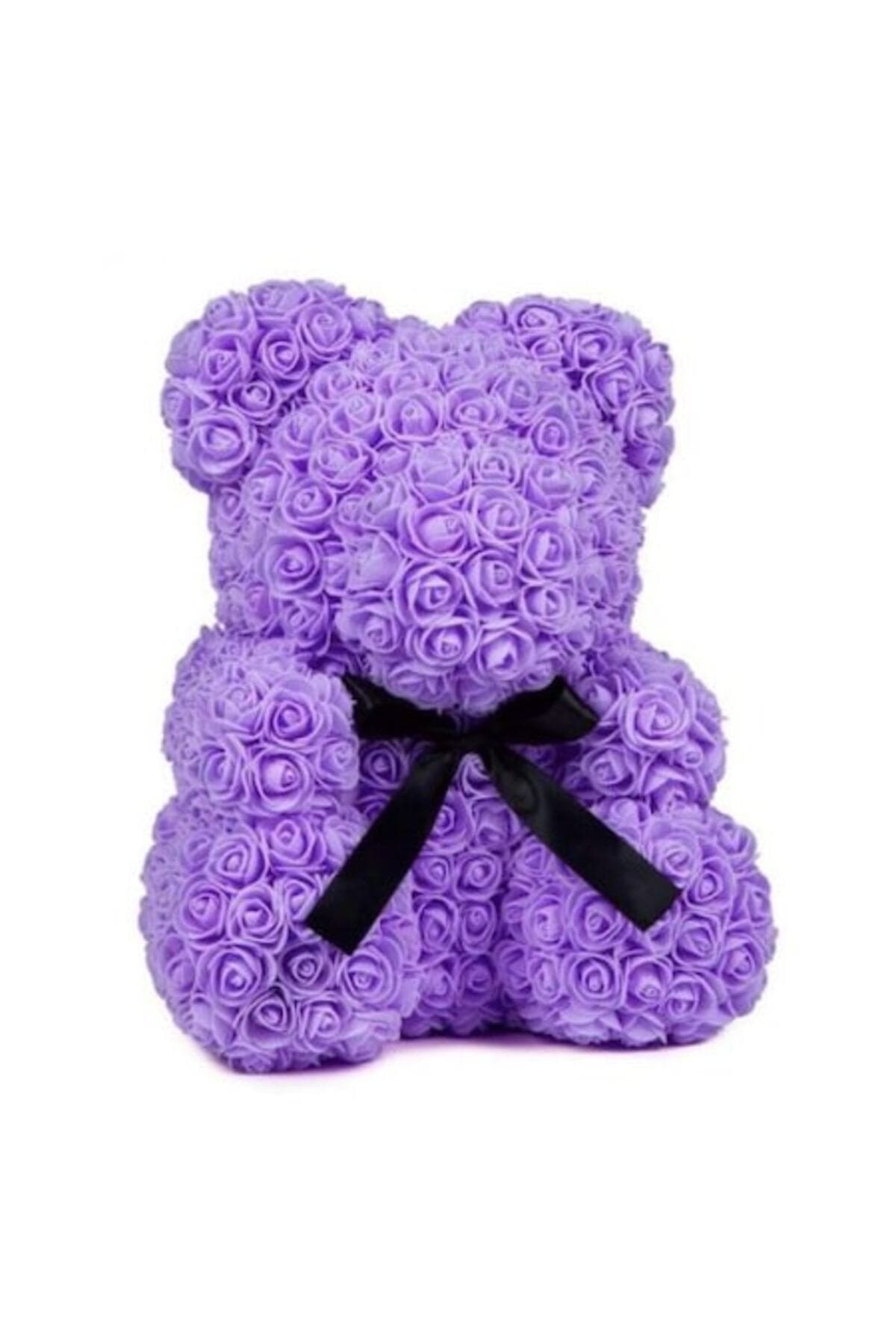 Fotografie produs: Ursulet de plus din spuma cu trandafiri, violet cu funda, 40 cm, lucrat manual