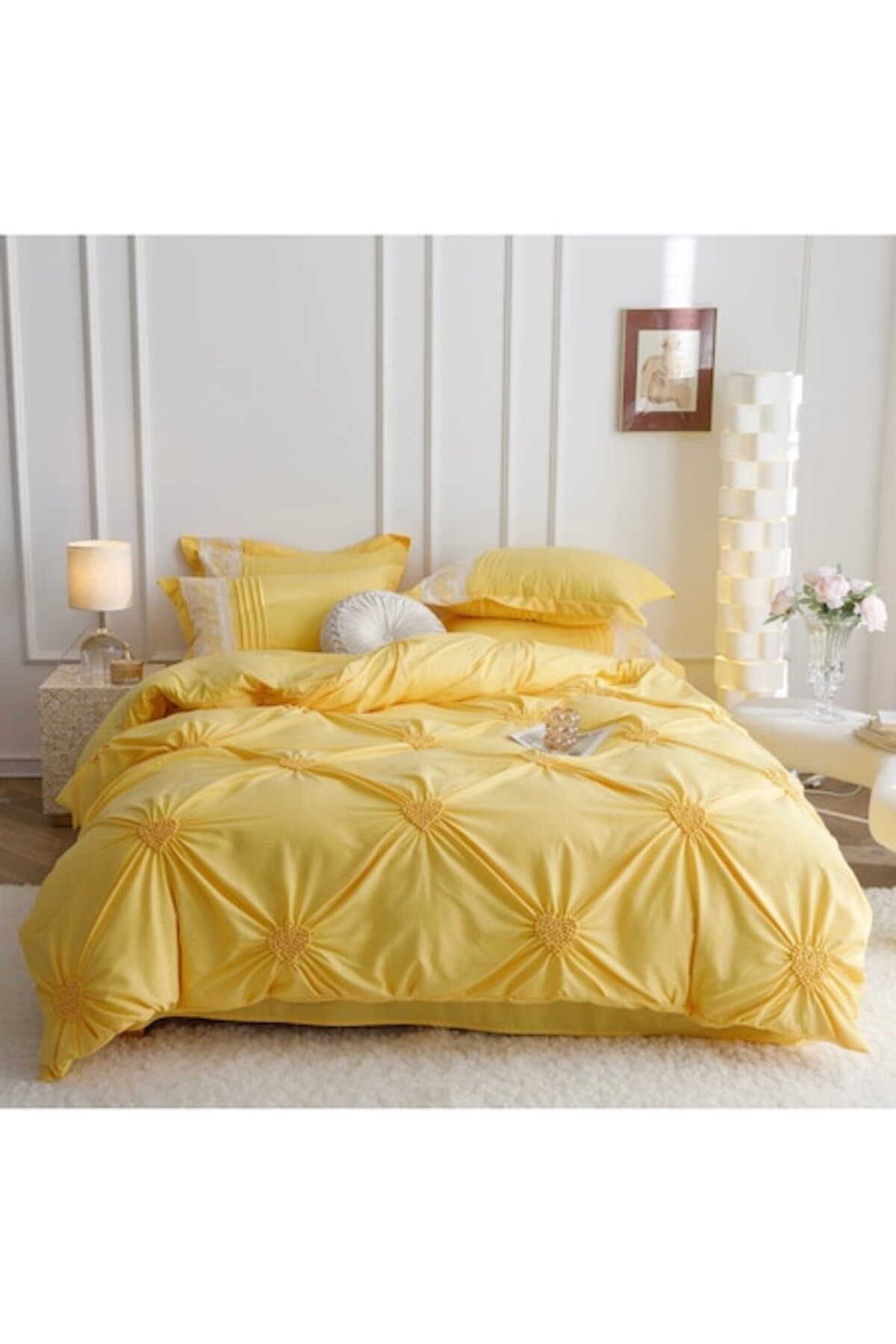 Fotografie produs: Set de lenjerie de pat Imperial Decor, Jojo din bumbac fin pentru 2 persoane, 6 piese, galben