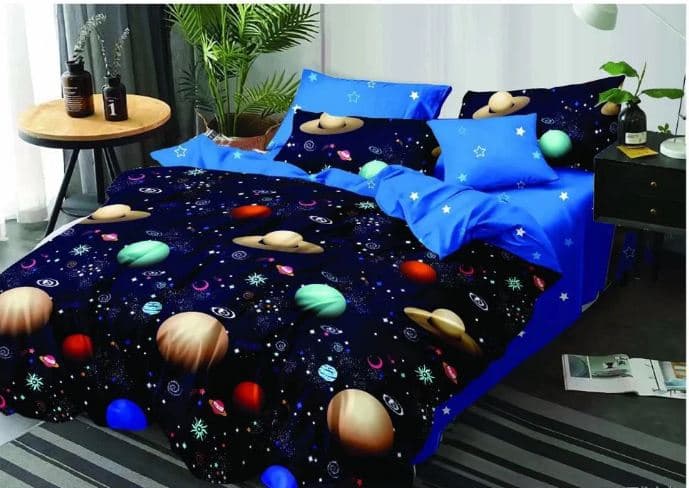 Lenjerie de pat 2 persoane, finet, 6 piese- albastra planete