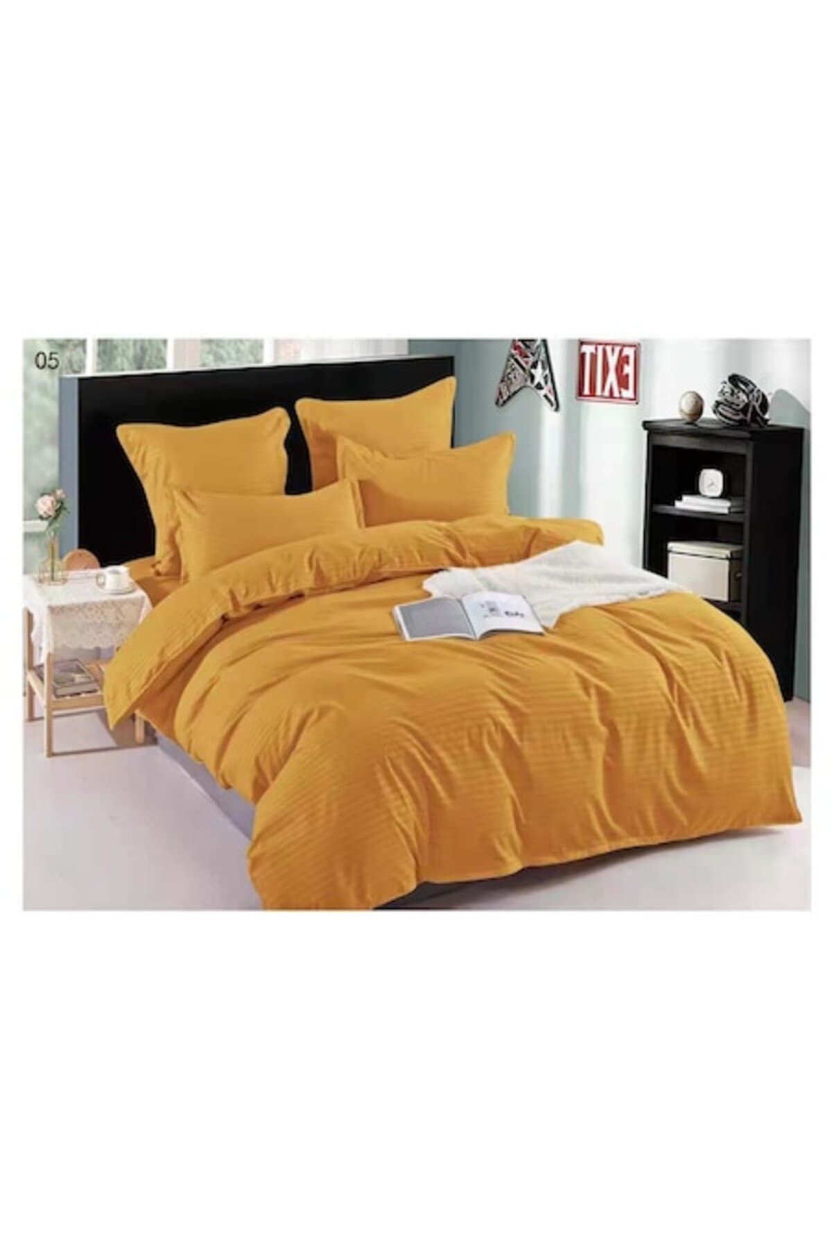 Fotografie produs: Set lenjerie de pat dublu, 6 piese, damasc, bumbac gros, model Uni, bej caramel