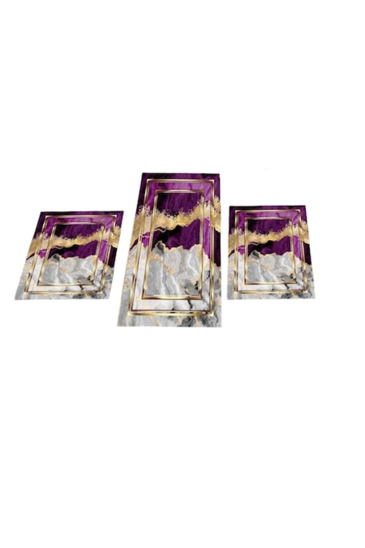Fotografie produs: Set de covorase de baie antiderapante, 3 piese, 100x60/60x40 cm, design elegant din marmura, violet/gri