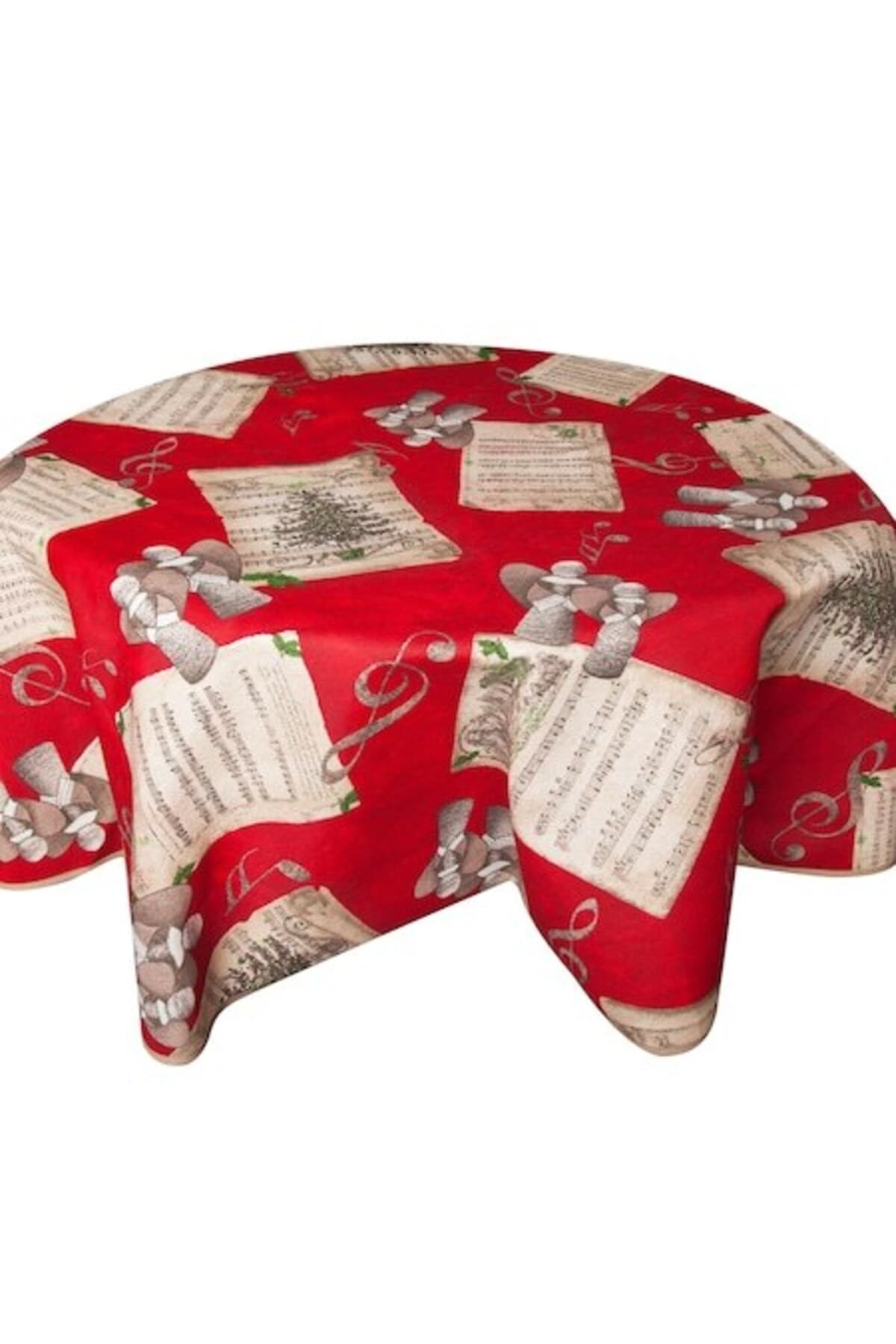 Fotografie produs: Fata de masa rotunda de Craciun, BonDia, Model Holy Night 401, Diametru 140 cm, Rosu/Bej, ingeri/Bradut/Flori