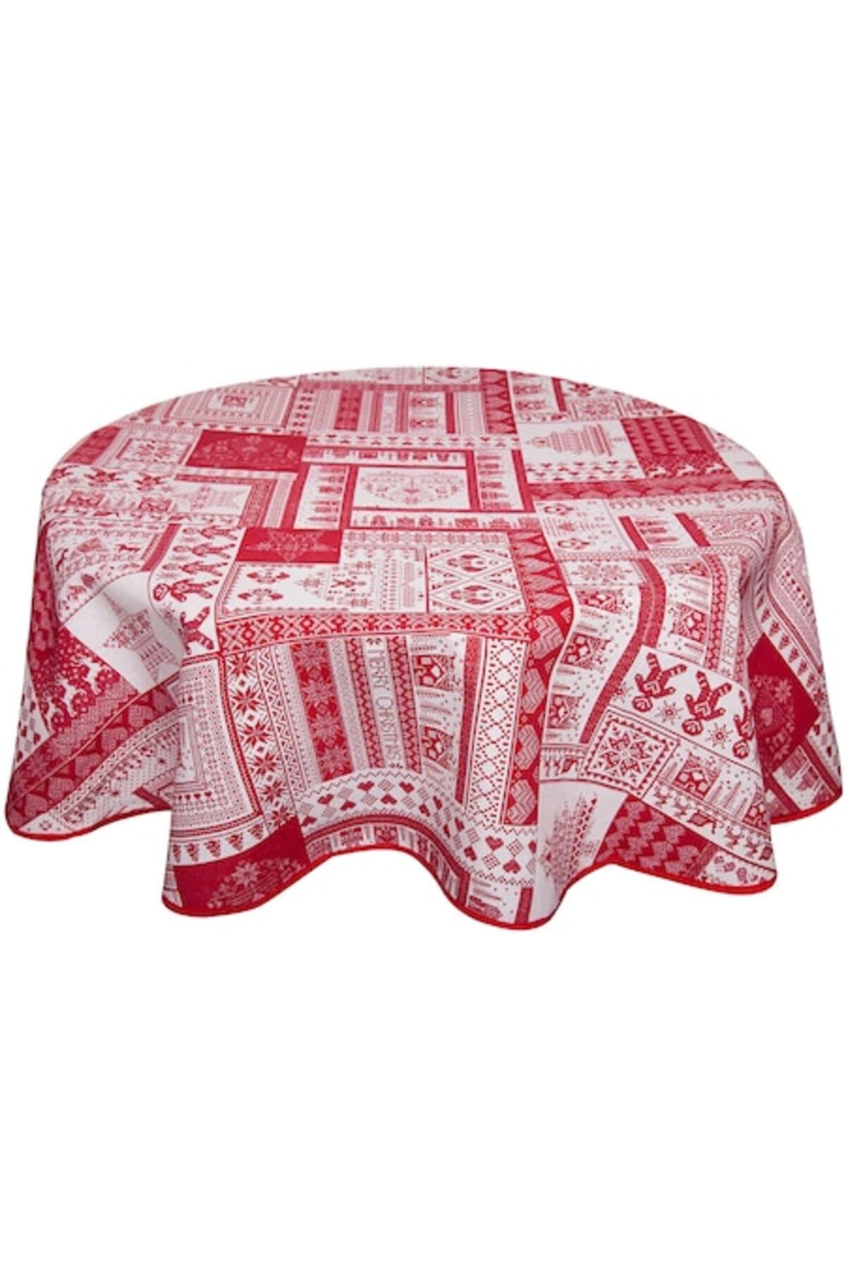 Fotografie produs: Fata de masa rotunda de Craciun, BonDia, Model Ornamayo, diametru 140 cm, Rosu/Alb, Brad/Stele/Traditie